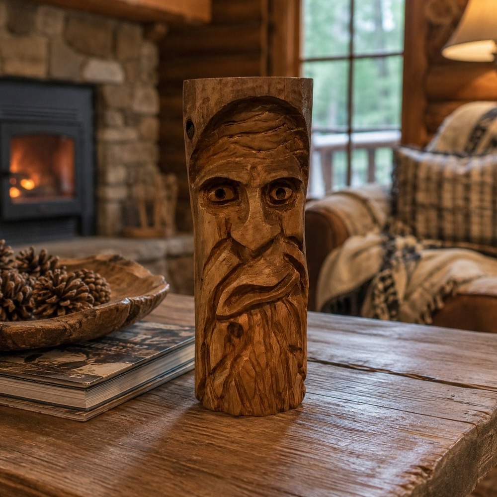 Handmade Wood Spirit Carving Rustic Log Sculpture Bearded Face Cabin Decor 10in